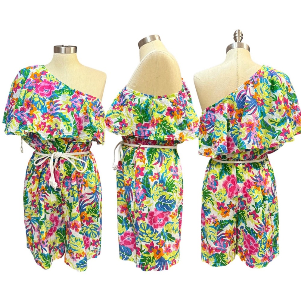 True Destinations XL One Shoulder Floral Ruffle Romper Multi Color Cotton Boho
